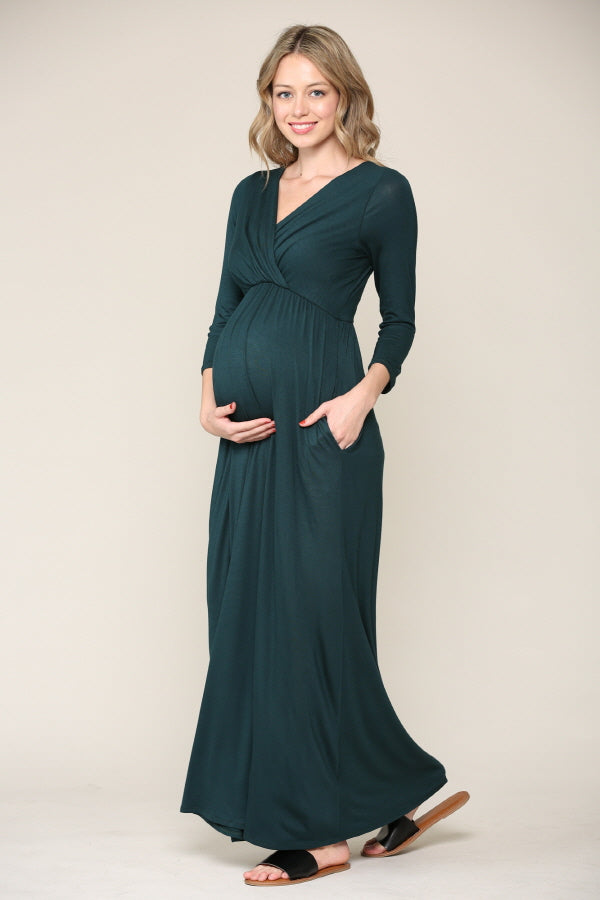 Hunter Green 3/4 Sleeve Surplice Maternity/Nursing Maxi Dress