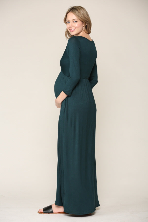 Hunter Green 3/4 Sleeve Surplice Maternity/Nursing Maxi Dress