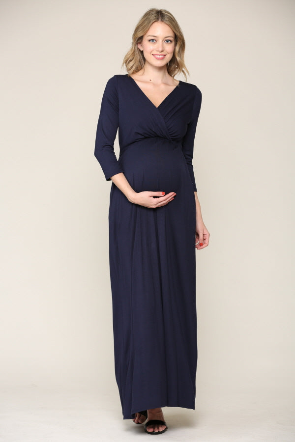 Navy 3/4 Sleeve Surplice Maternity/Nursing Maxi Dress