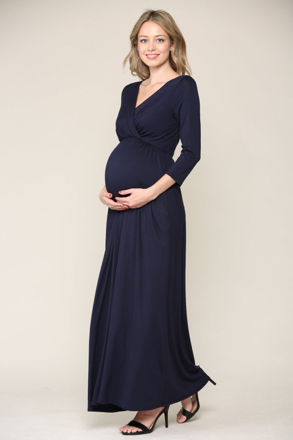 Navy 3/4 Sleeve Surplice Maternity/Nursing Maxi Dress