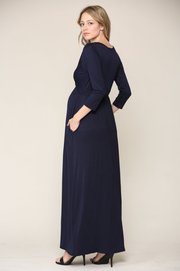 Navy 3/4 Sleeve Surplice Maternity/Nursing Maxi Dress