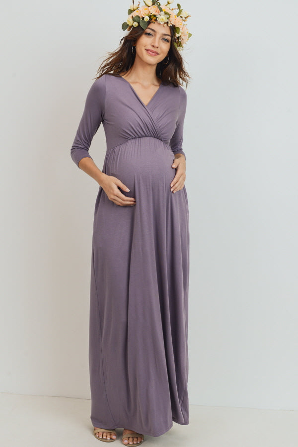 Purple 3/4 Sleeve Surplice Maternity/Nursing Maxi Dress 