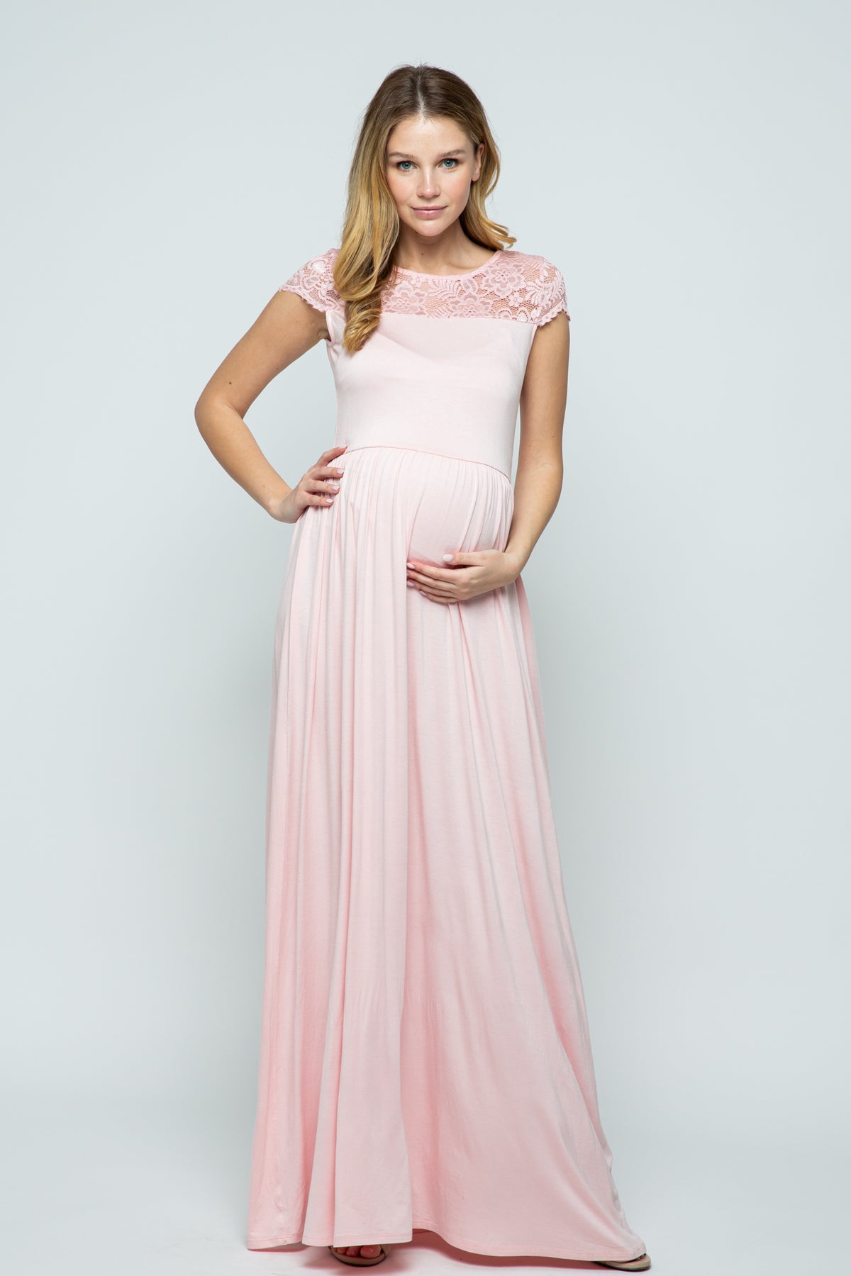 Blush Lace Yoke and Short Sleeve Maternity Maxi Dress