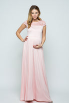 Blush Lace Yoke and Short Sleeve Maternity Maxi Dress