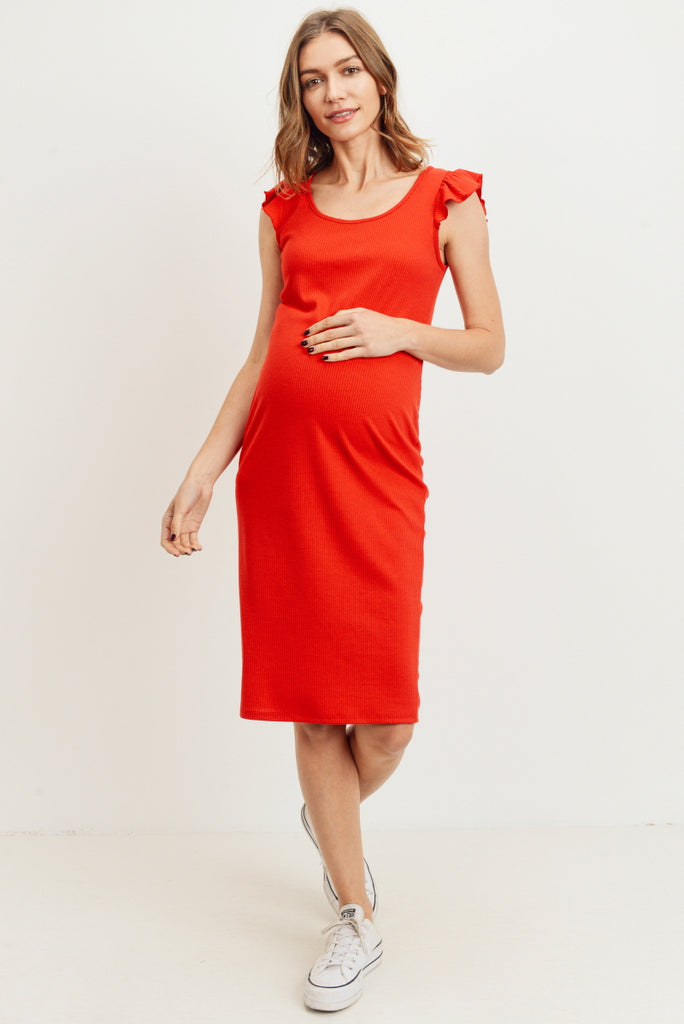Coral Red Ruffled Sleeveless Rib Knit Maternity Dress