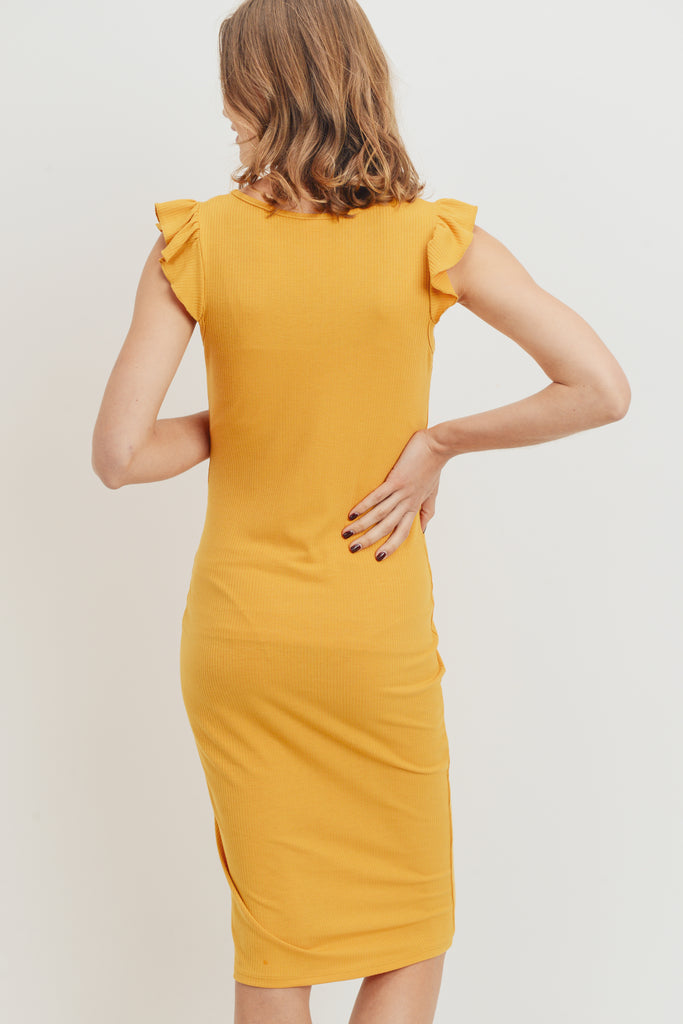 Mustard Ruffled Sleeveless Rib Knit Maternity Dress