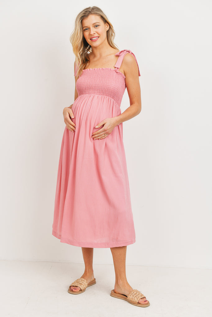 Pink Smocked Tie Strap Maternity Midi Dress