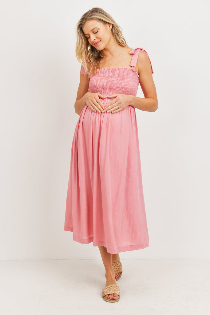 Pink Smocked Tie Strap Maternity Midi Dress