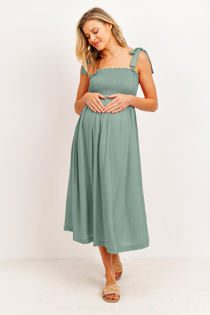 Sage Smocked Tie Strap Maternity Midi Dress