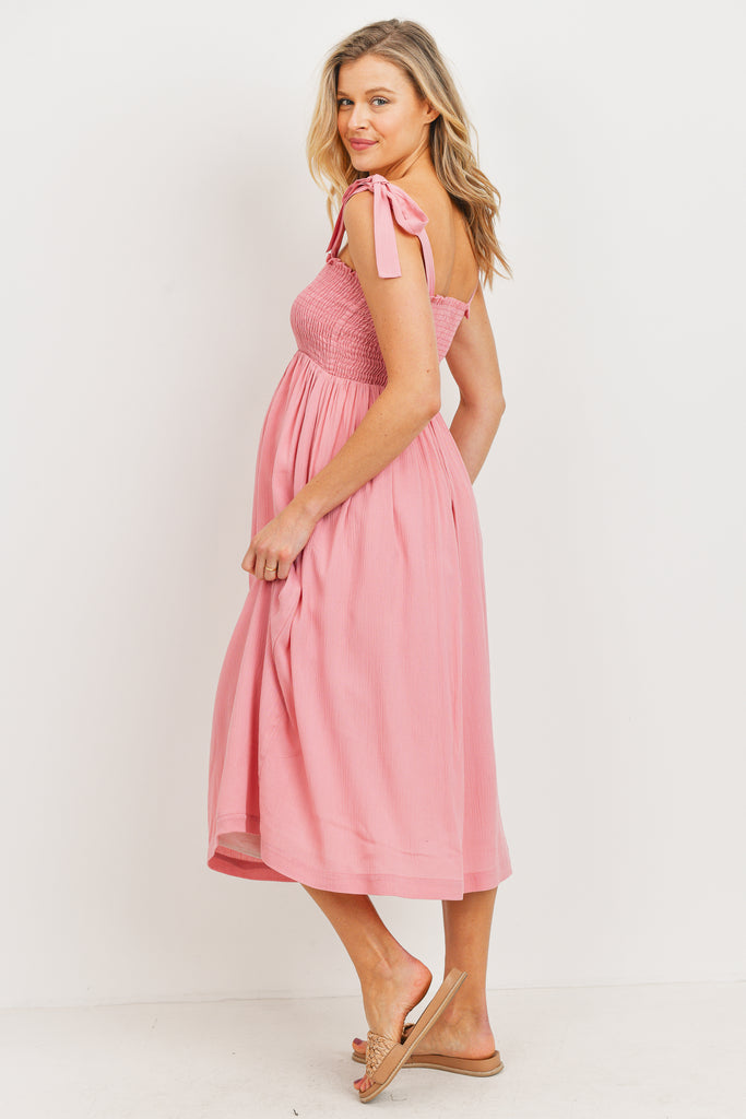 Pink Smocked Tie Strap Maternity Midi Dress