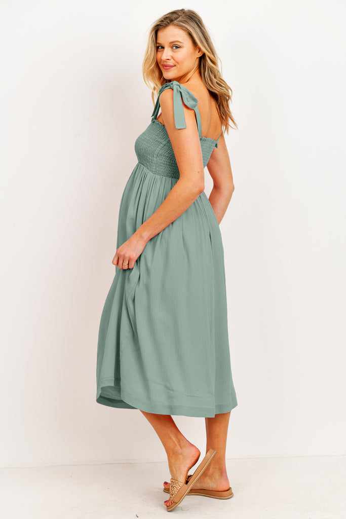 Sage Smocked Tie Strap Maternity Midi Dress