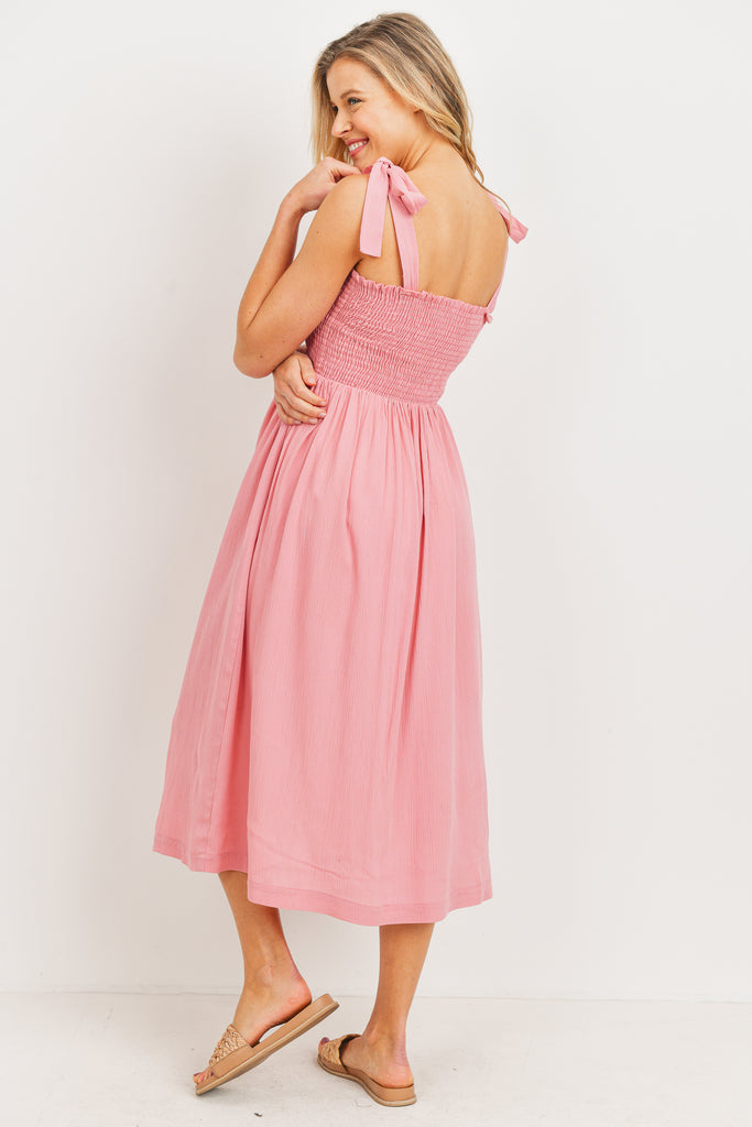 Pink Smocked Tie Strap Maternity Midi Dress