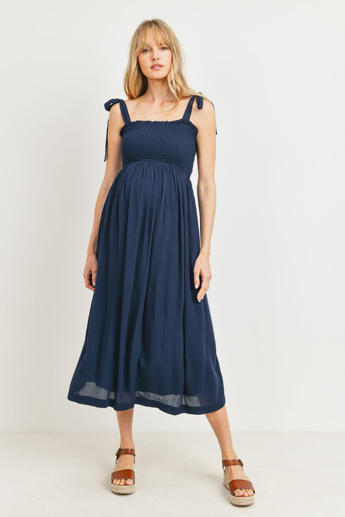 Navy Smocked Tie Strap Maternity Midi Dress