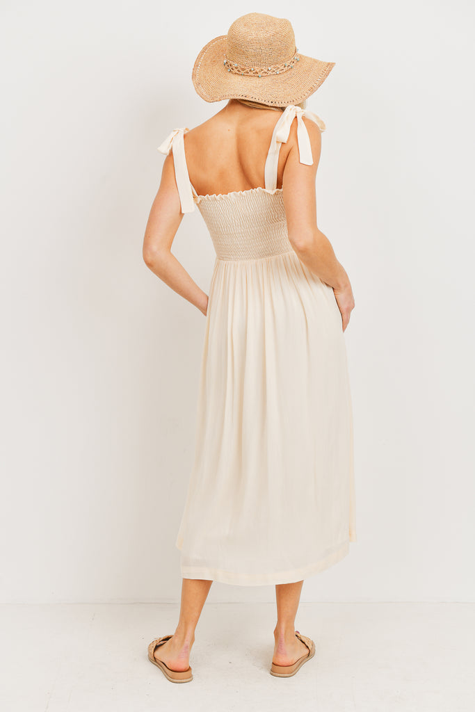 Oatmeal Smocked Tie Strap Maternity Midi Dress