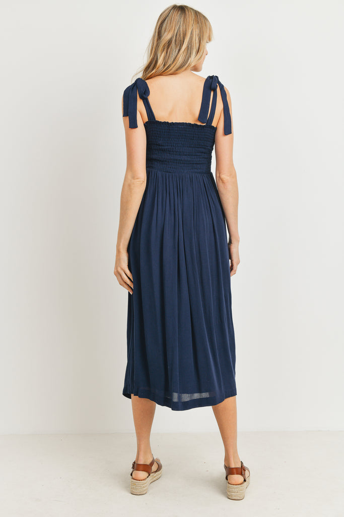 Navy Smocked Tie Strap Maternity Midi Dress