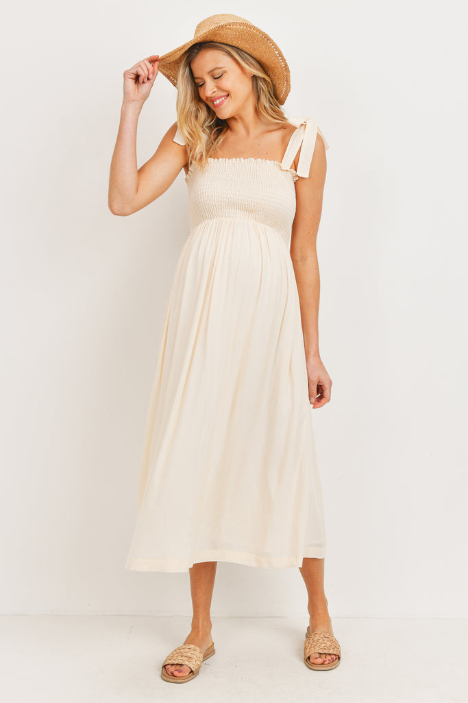 Oatmeal Smocked Tie Strap Maternity Midi Dress