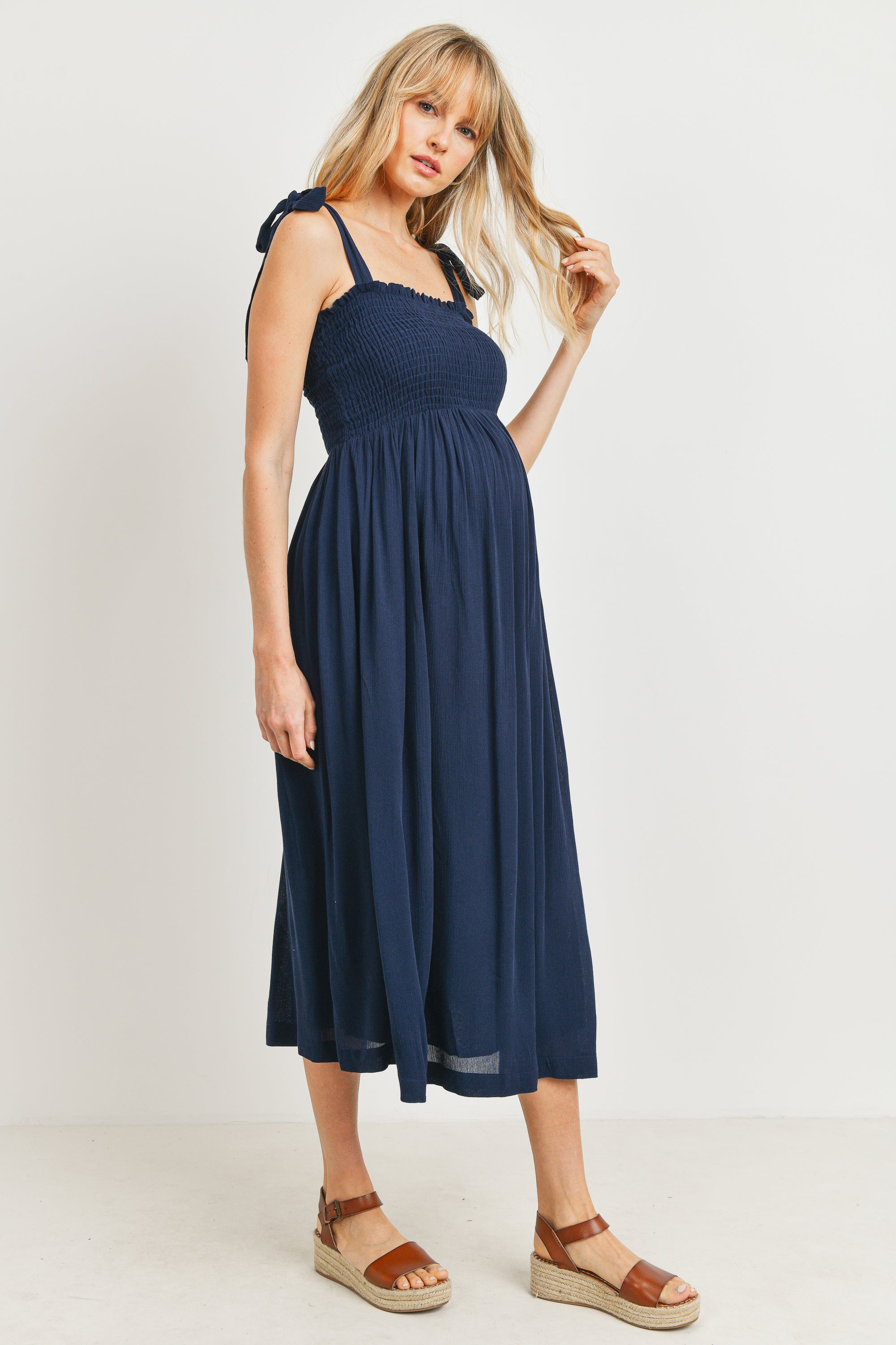 Smocked Tie Strap Maternity Midi Dress