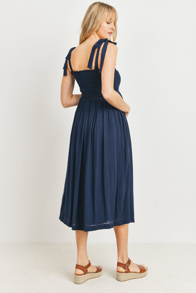 Navy Smocked Tie Strap Maternity Midi Dress