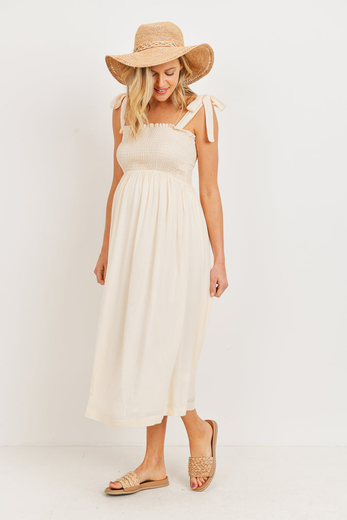 Oatmeal Smocked Tie Strap Maternity Midi Dress