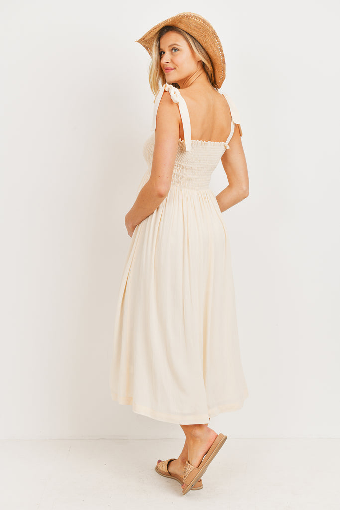 Oatmeal Smocked Tie Strap Maternity Midi Dress