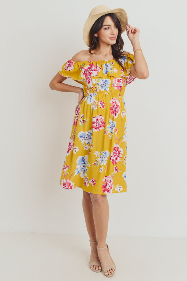 Mustard Floral Off Shoulder Maternity Dress