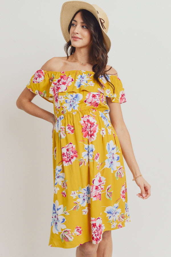 Mustard Floral Off Shoulder Maternity Dress