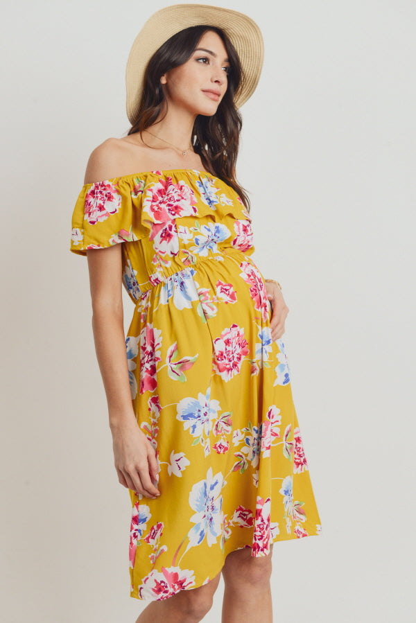 Mustard Floral Off Shoulder Maternity Dress