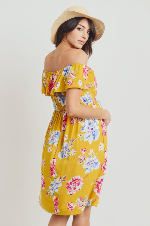 Mustard Floral Off Shoulder Maternity Dress