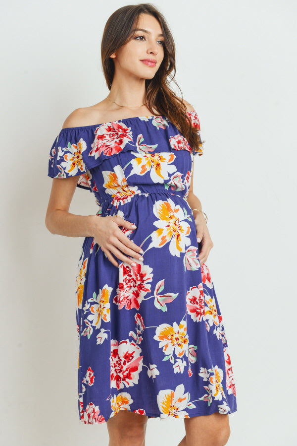 Navy Floral Off Shoulder Maternity Dress