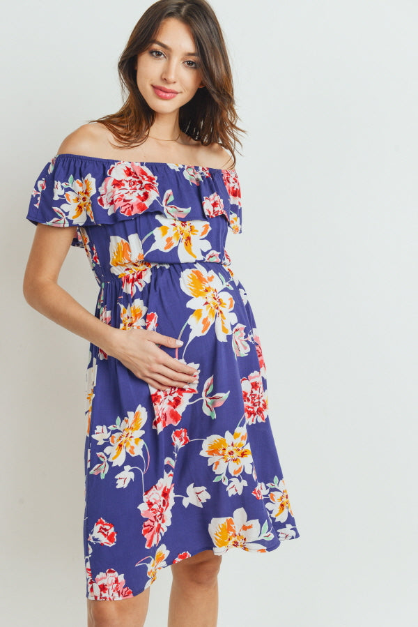 Navy Floral Off Shoulder Maternity Dress