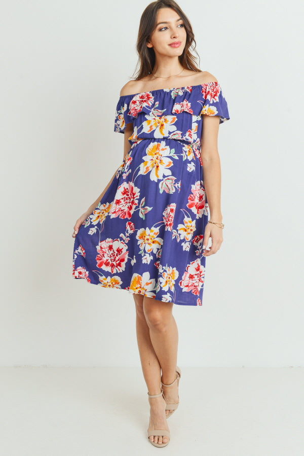 Navy Floral Off Shoulder Maternity Dress