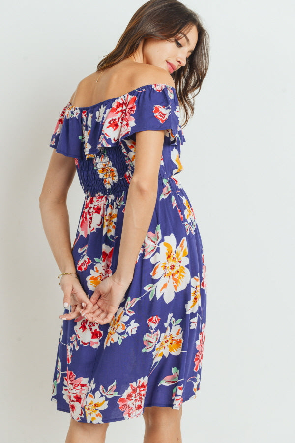 Navy Floral Off Shoulder Maternity Dress