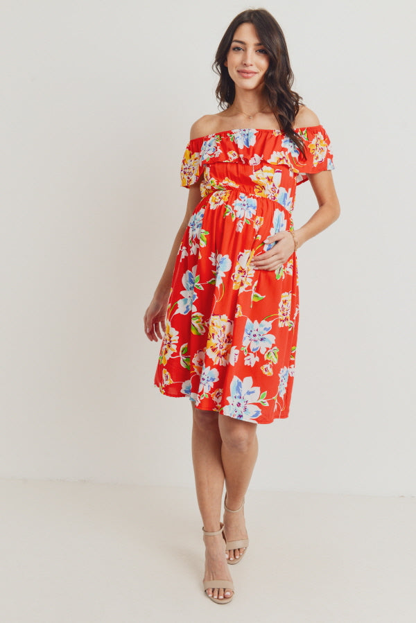 red off the shoulder maternity dress Orange Off Shoulder Side Slit Ruffle Photoshoot Maternity Maxi Dress