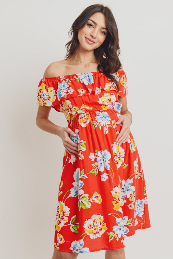 Red Floral Off Shoulder Maternity Dress