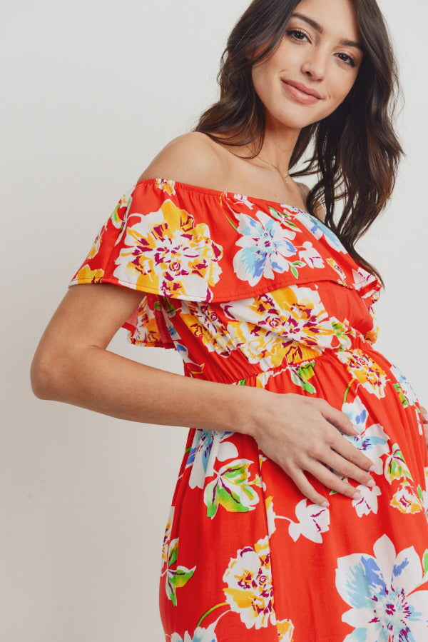 Red Floral Off Shoulder Maternity Dress