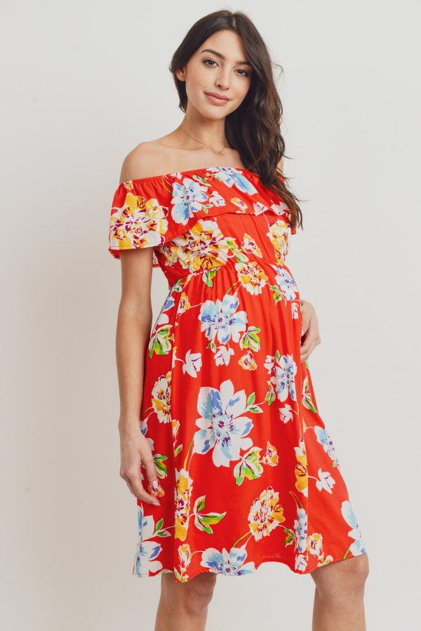 Red Floral Off Shoulder Maternity Dress