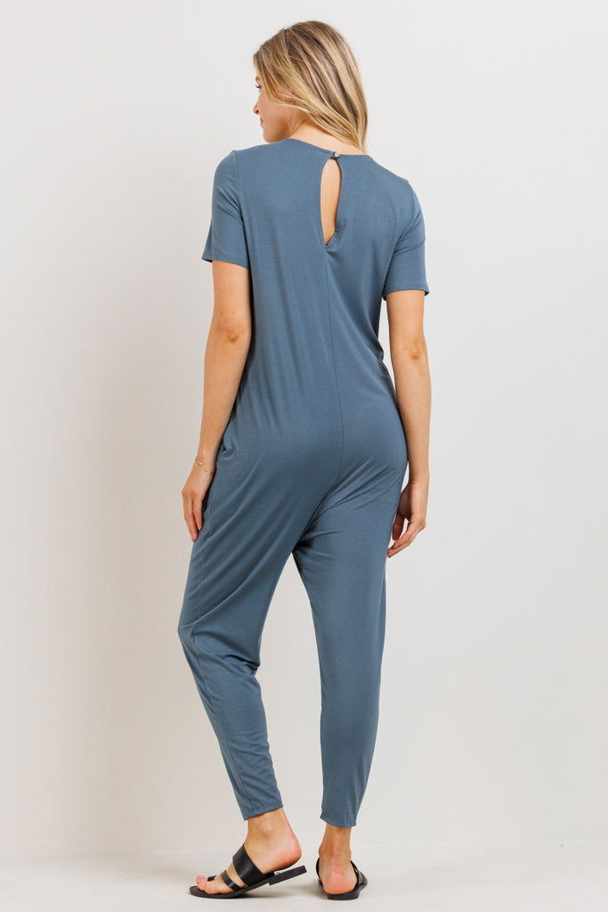 Turquoise Solid Modal Keyhole Back Jogger Maternity Jumpsuit