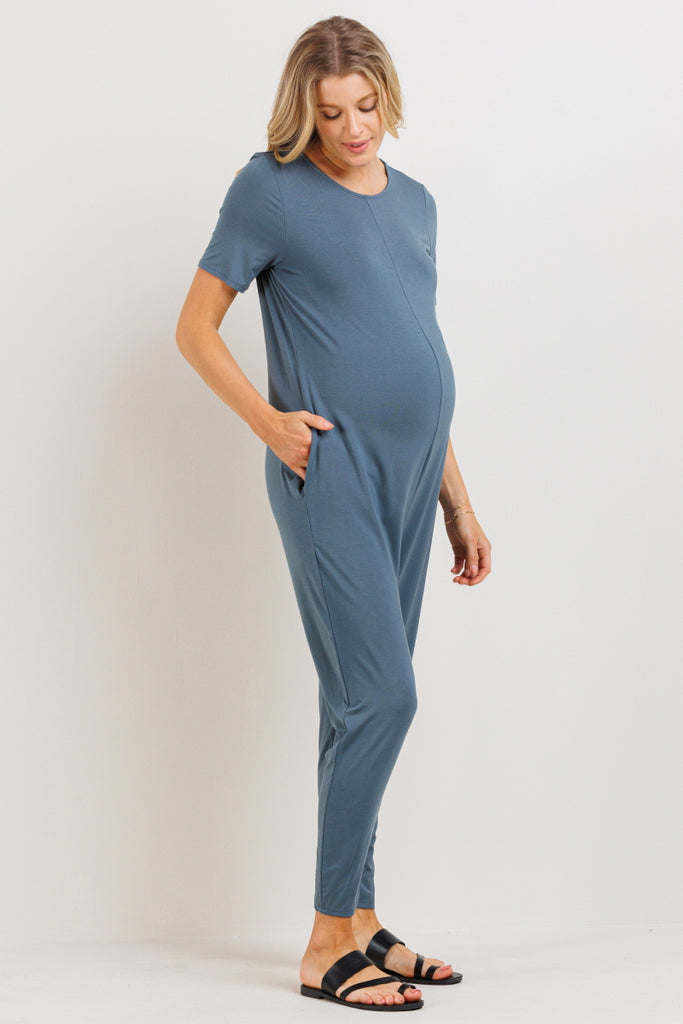 Turquoise Solid Modal Keyhole Back Jogger Maternity Jumpsuit