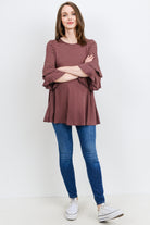 Brown/Wine Double Ruffled Sleeve Maternity Top
