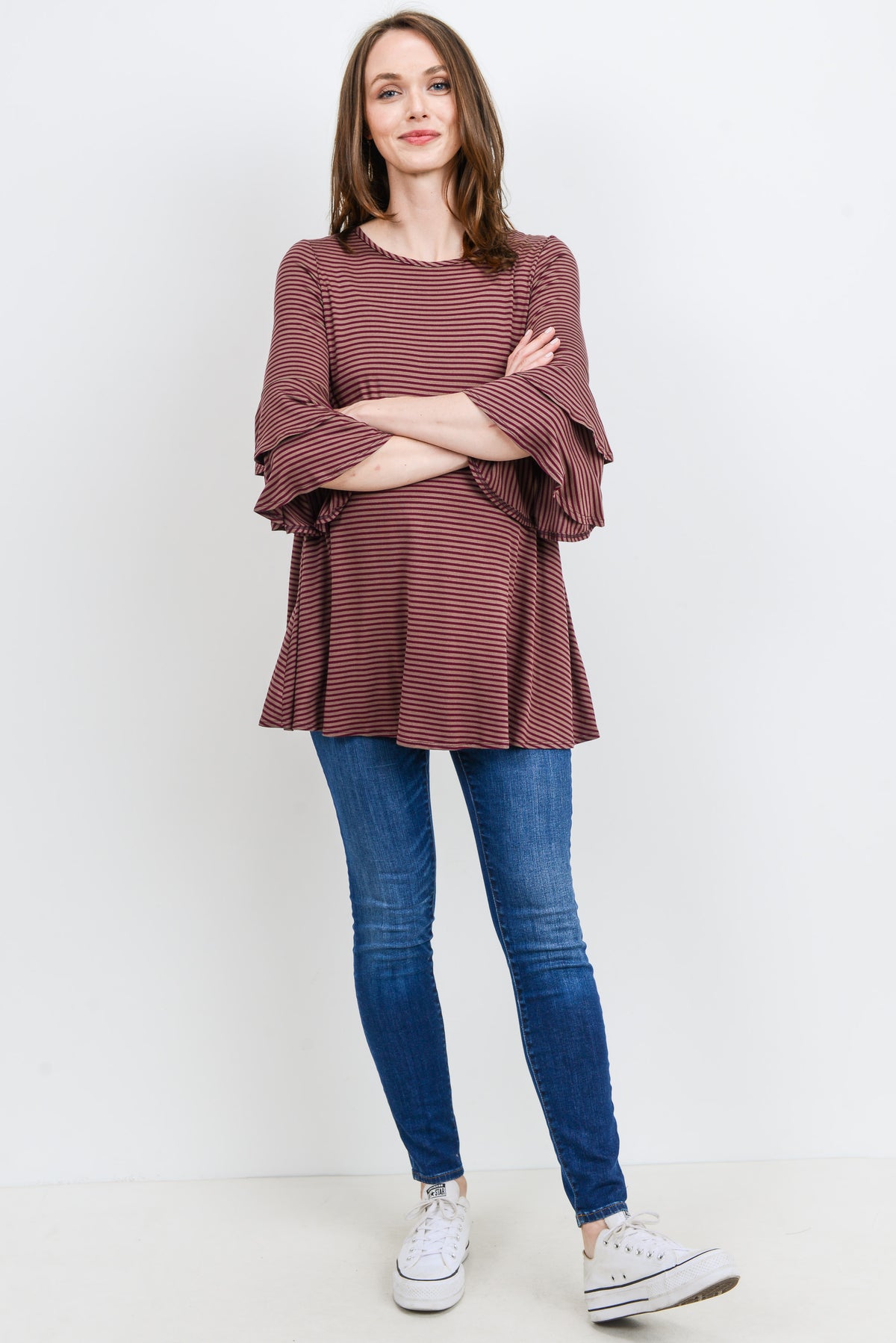 Brown/Wine Double Ruffled Sleeve Maternity Top