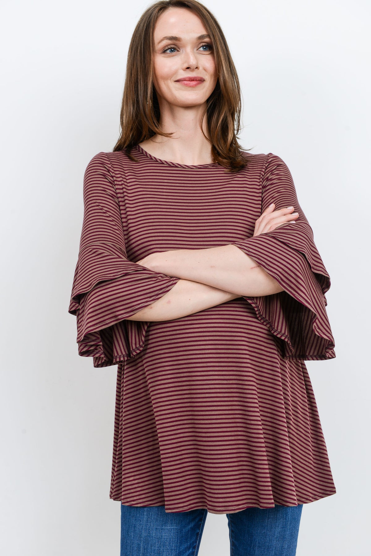 Brown/Wine Double Ruffled Sleeve Maternity Top
