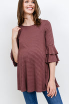 Brown/Wine Double Ruffled Sleeve Maternity Top