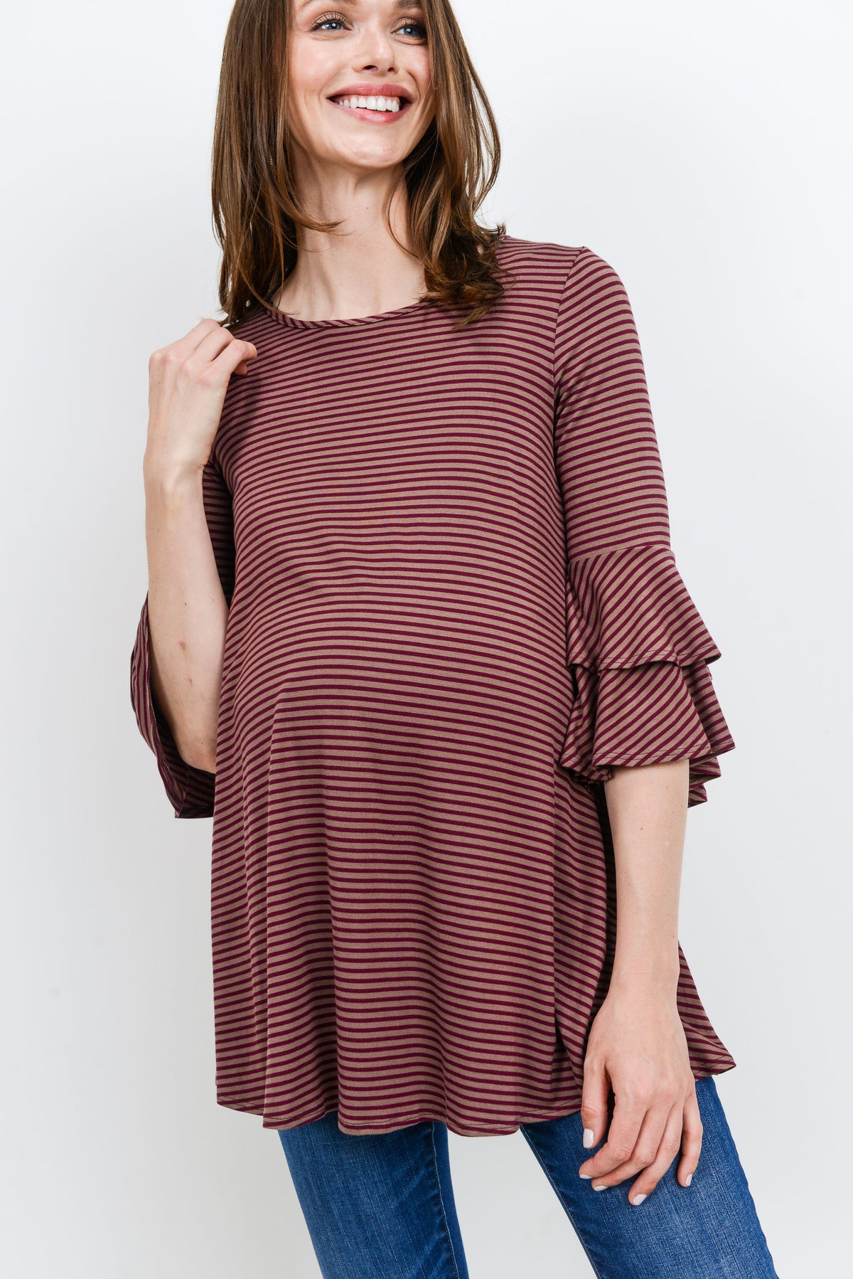 Brown/Wine Double Ruffled Sleeve Maternity Top