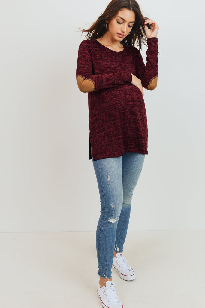 Burgundy Elbow Patch Tunic Long Sleeve Maternity Top