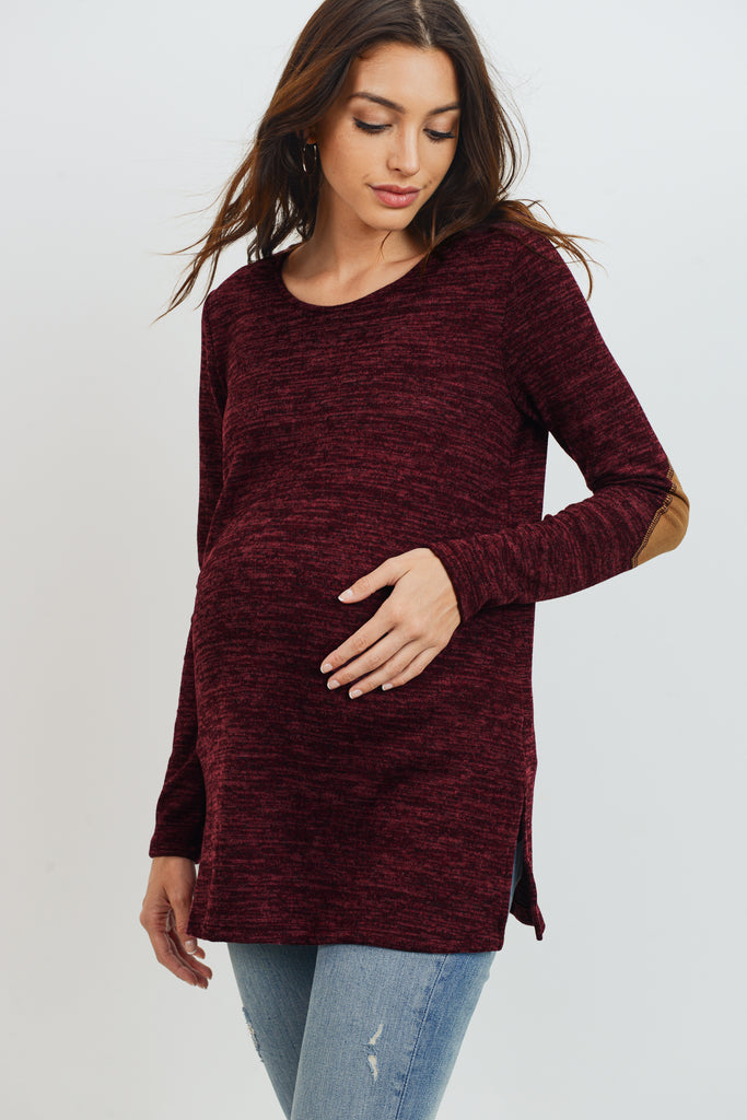 Burgundy Elbow Patch Tunic Long Sleeve Maternity Top