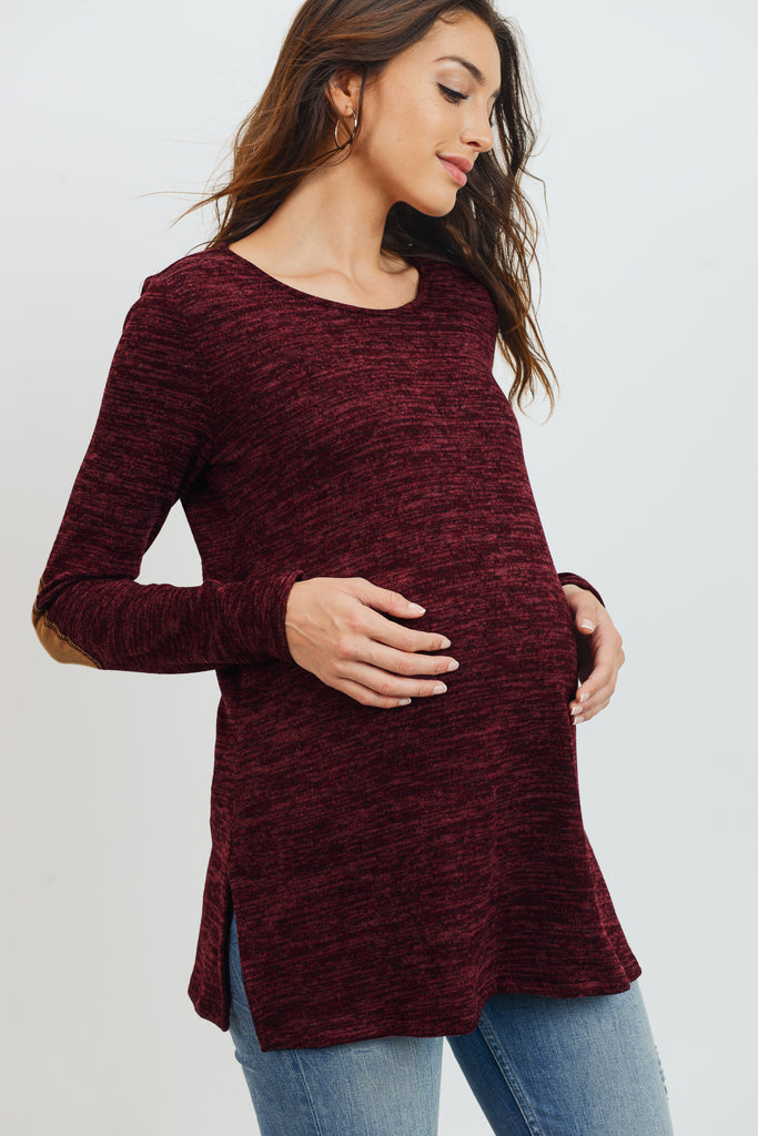 Burgundy Elbow Patch Tunic Long Sleeve Maternity Top