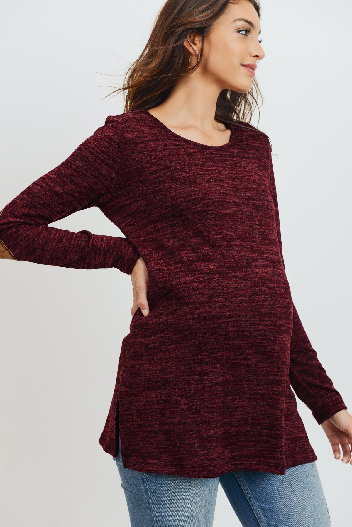 Burgundy Elbow Patch Tunic Long Sleeve Maternity Top