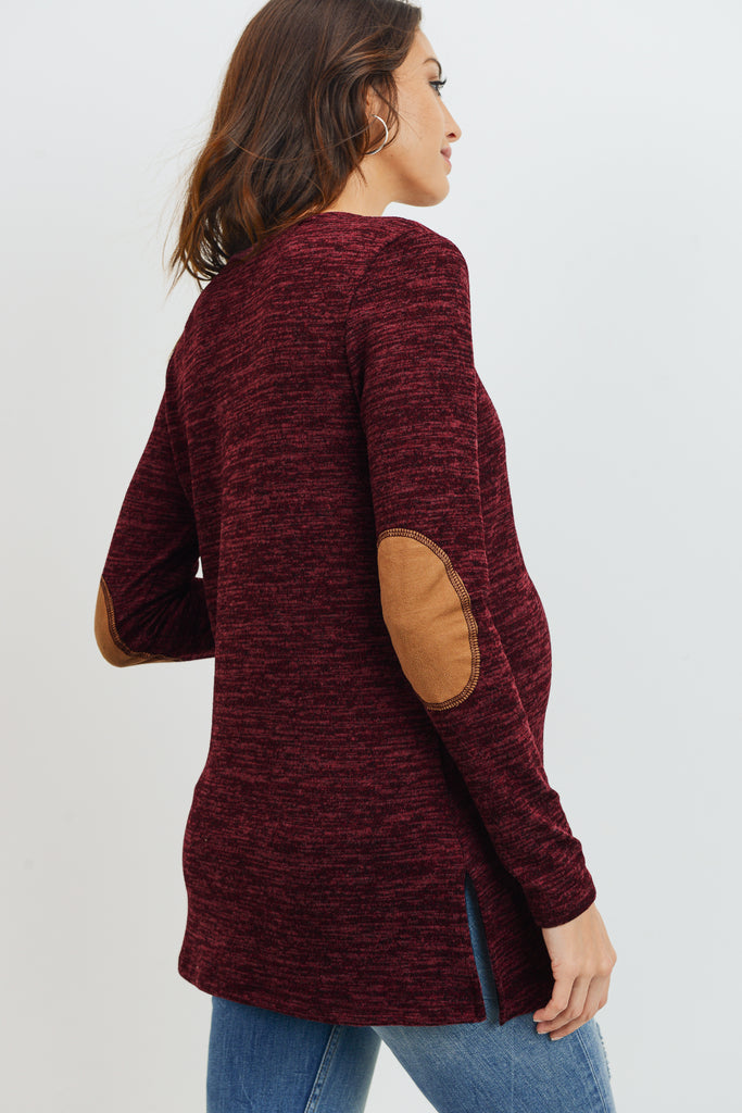 Burgundy Elbow Patch Tunic Long Sleeve Maternity Top