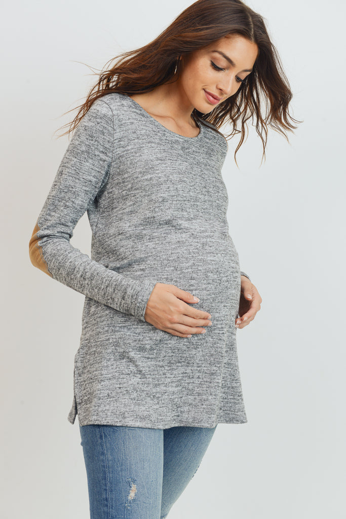 Heather Grey Elbow Patch Tunic Long Sleeve Maternity Top