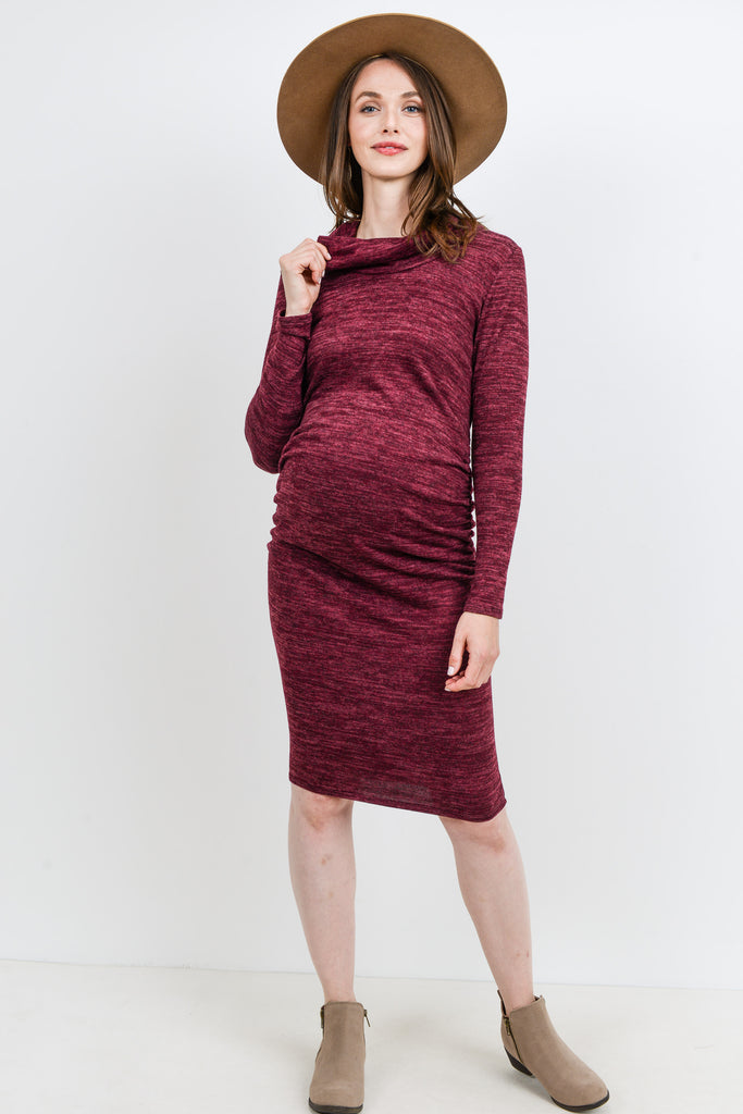 Burgundy Cowl Neck Long Sleeve Maternity Sweater Dress